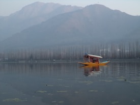 A serene lake scene with a brightly colored, traditional boat floating on calm waters. In the background, there are tall, bare trees lining the shore, and further back, a range of mist-covered mountains rise into the sky.