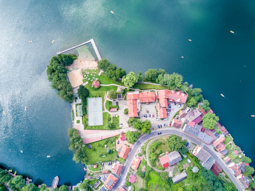 aerial photography village beside sea