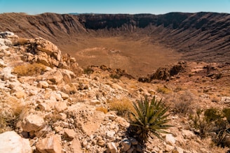A large, barren impact crater surrounded by rocky and rugged terrain. The landscape is arid with sparse vegetation, including a noticeable agave plant in the foreground. The sky above is clear and blue, providing a stark contrast to the earthy tones below.