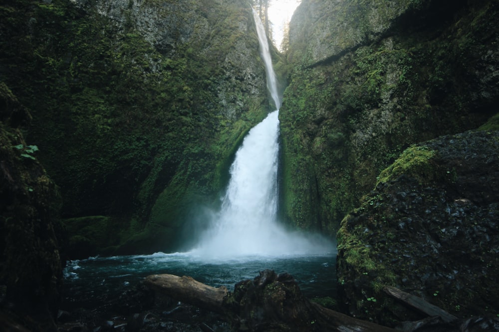 waterfalls under white sky