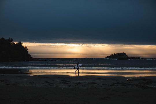person holding surfboard walking on seashore in Tofino Canada
