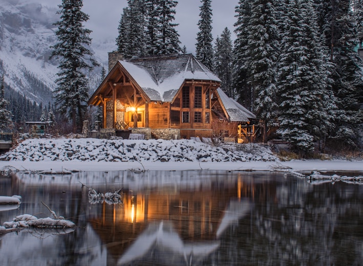 wooden house near pine trees and pond coated with snow during daytime