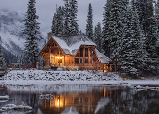 wooden house near pine trees and pond coated with snow during daytime