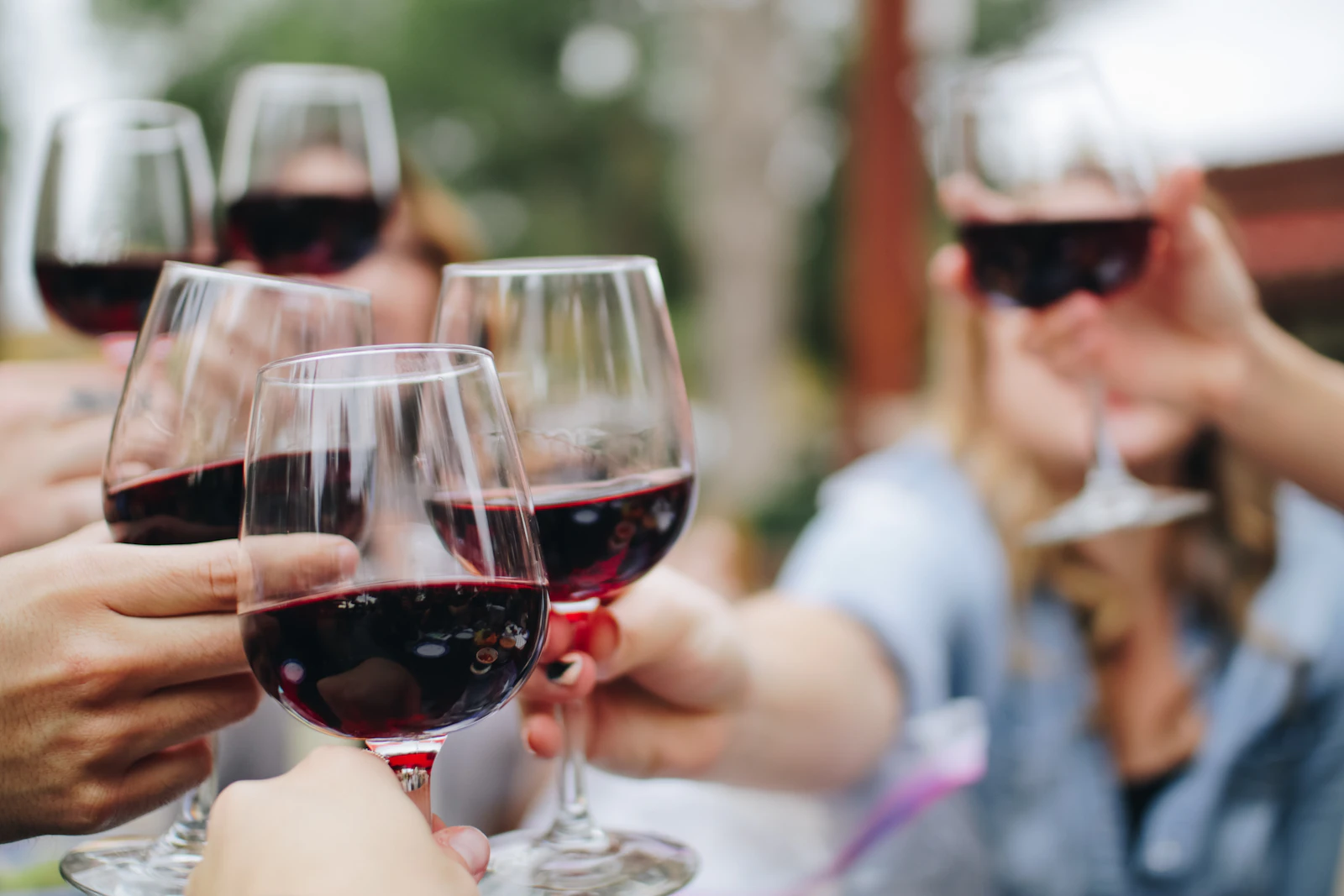 Guests raising glasses of red wine outdoors