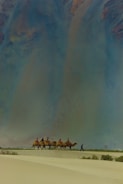 A group of people riding camels traverse across a vast desert landscape. The sand is marked by gentle dunes, and the sky above appears vast and expansive, possibly indicating a time of day when the sun is low. The scene conveys a sense of adventure and exploration.