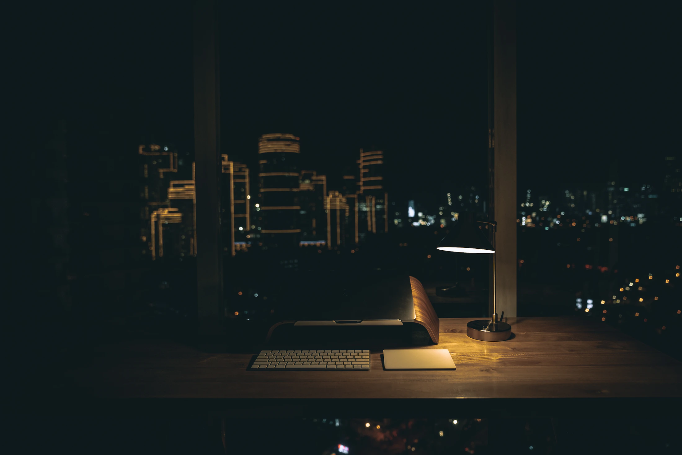 Desk lamp lit at night
