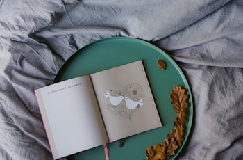 An open book with a simple, artistic illustration of a bird in the middle of one page, placed on a round, green tray. The text on the opposite page reads 'A little space to be creative'. Dried oak leaves are scattered on the tray, which rests on a softly wrinkled, grey fabric.