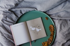 An open book with a simple, artistic illustration of a bird in the middle of one page, placed on a round, green tray. The text on the opposite page reads 'A little space to be creative'. Dried oak leaves are scattered on the tray, which rests on a softly wrinkled, grey fabric.