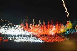 Abstract light trails captured during a long exposure night shot in a busy street.
