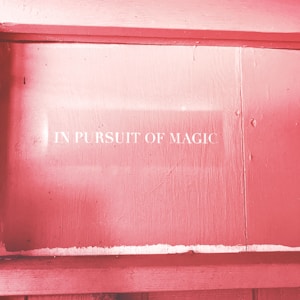 White text reading 'IN PURSUIT OF MAGIC' is displayed on a textured pink surface, possibly a painted wooden wall. The lighting creates a soft, warm atmosphere, enhancing the dreamy feel of the message.