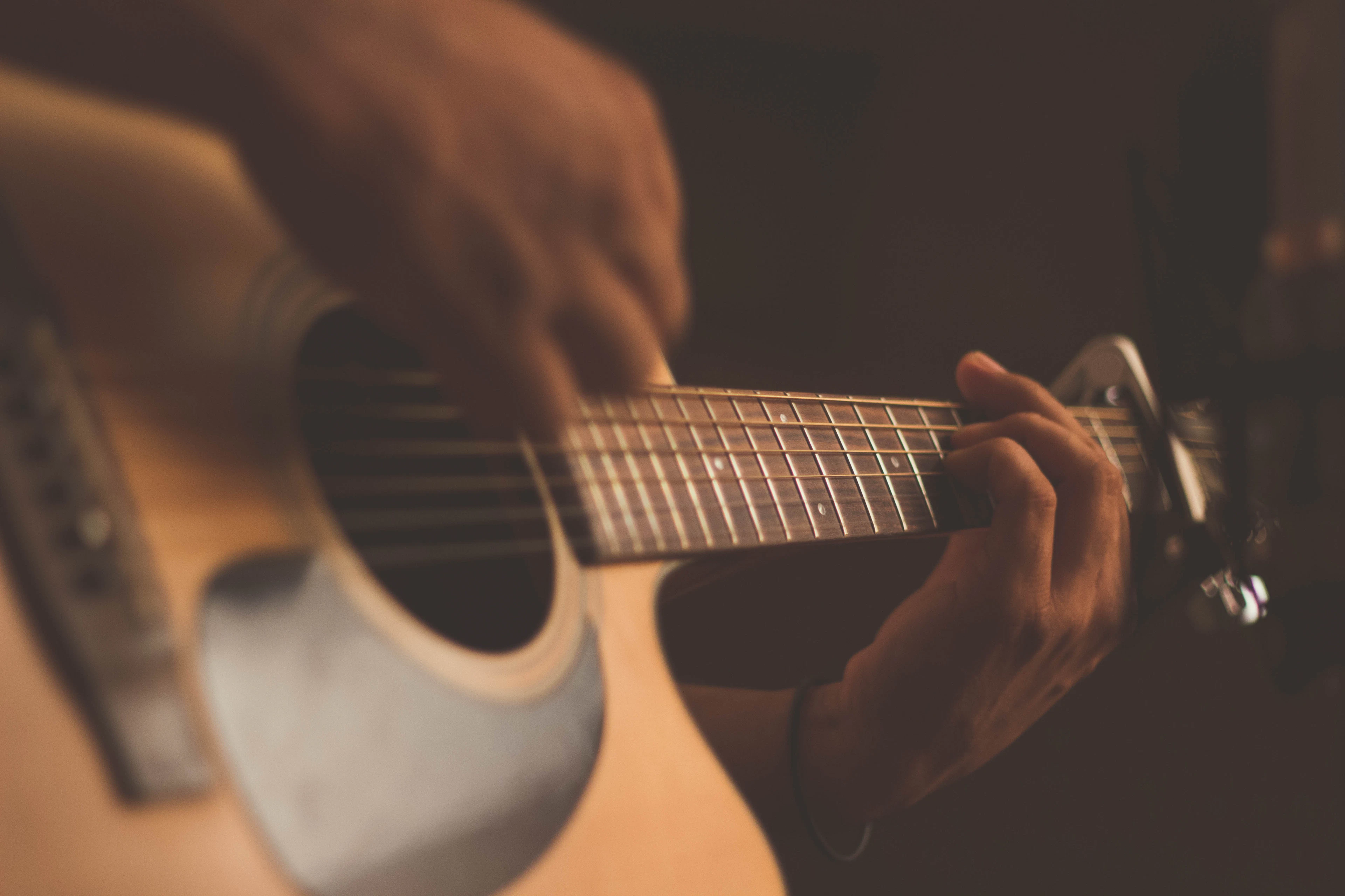 Close-up of hands playing an acoustic guitar