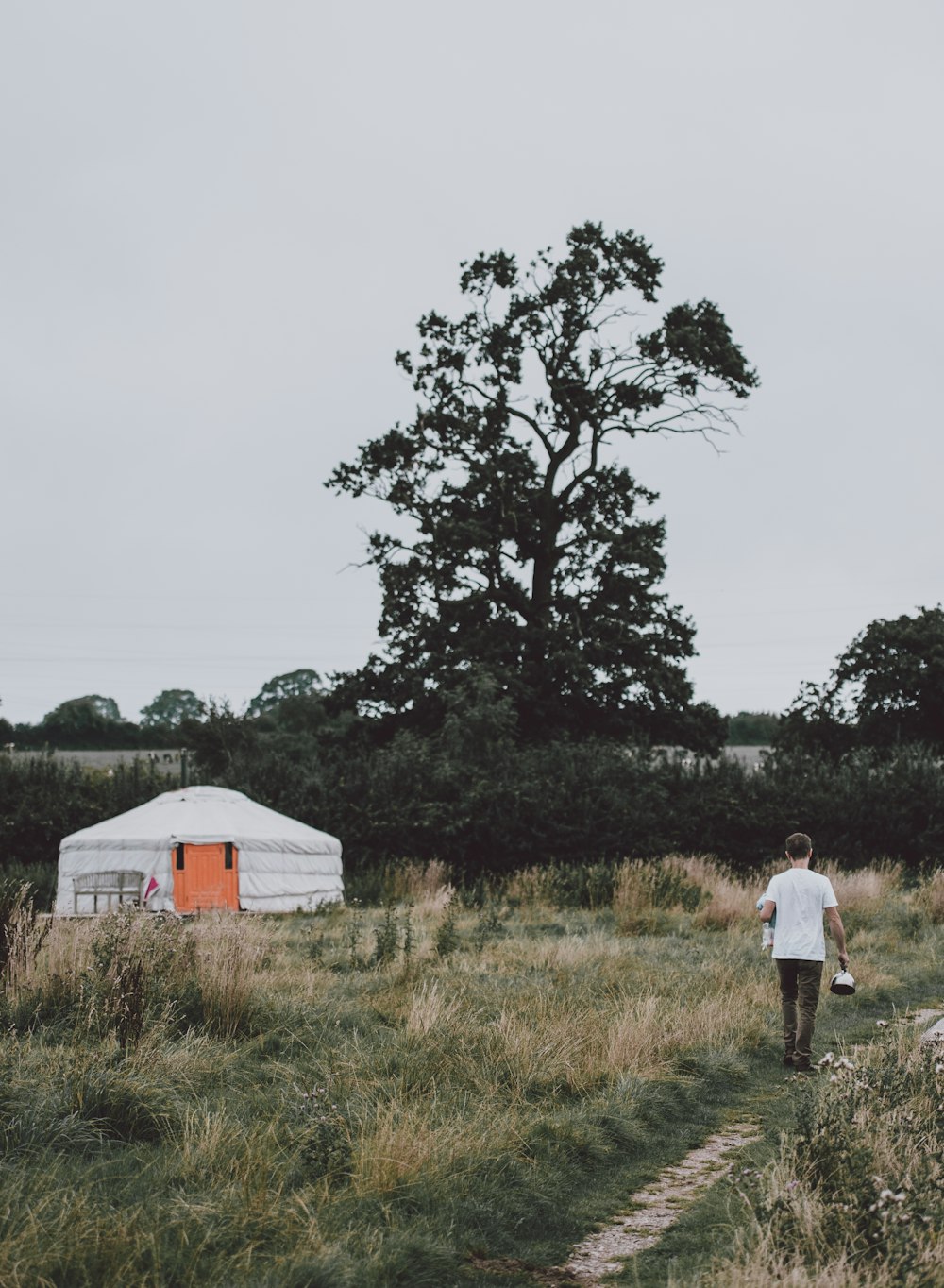 person walking on grass field