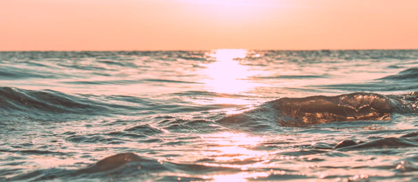 Sunset view over the calm ocean with soft waves gently touching the sandy beach.
