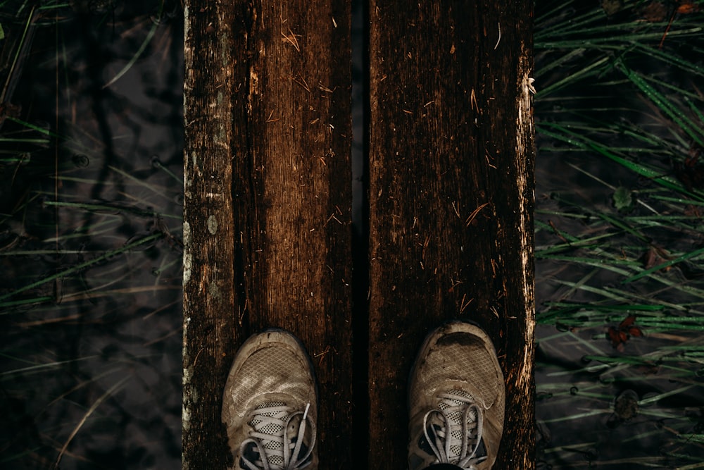 Dos zapatos marrones sobre dos tablones de madera marrón