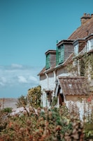 A charming cottage with green window shutters and a tiled roof is surrounded by lush greenery and flowering plants. The sky is clear and blue, adding to the serene rural atmosphere.