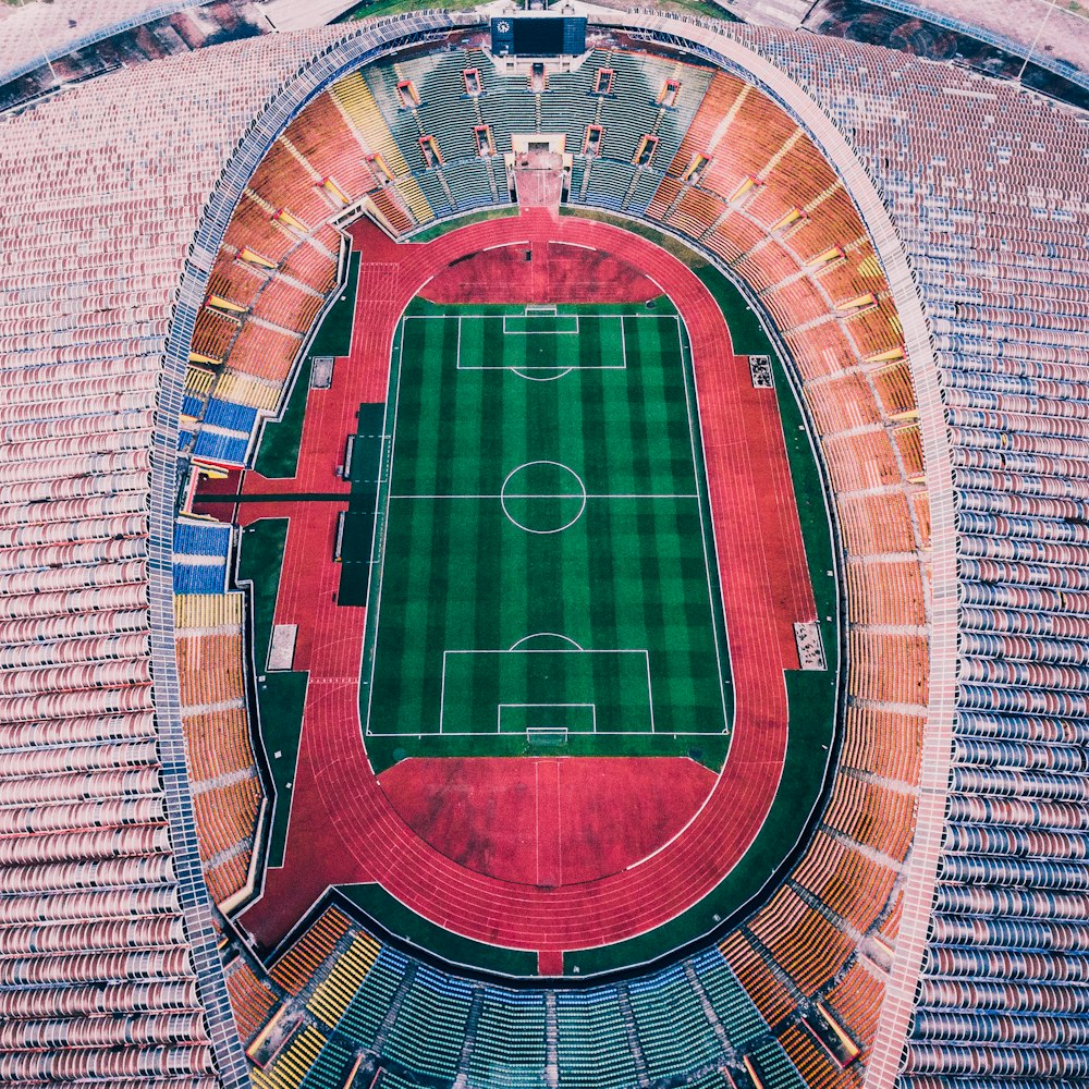aerial shot photo of soccer field