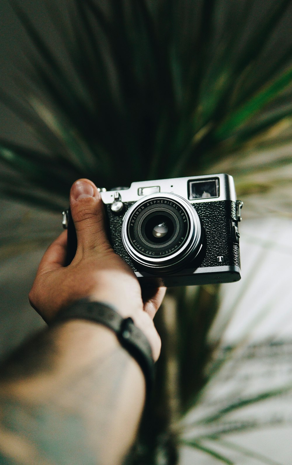 person holding black and gray SLR camera