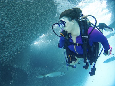 A scuba diver is underwater next to a large school of fish, wearing a purple wetsuit and dive equipment including an air tank and mask. Sunlight filters through the water, creating a serene and vibrant underwater scene.