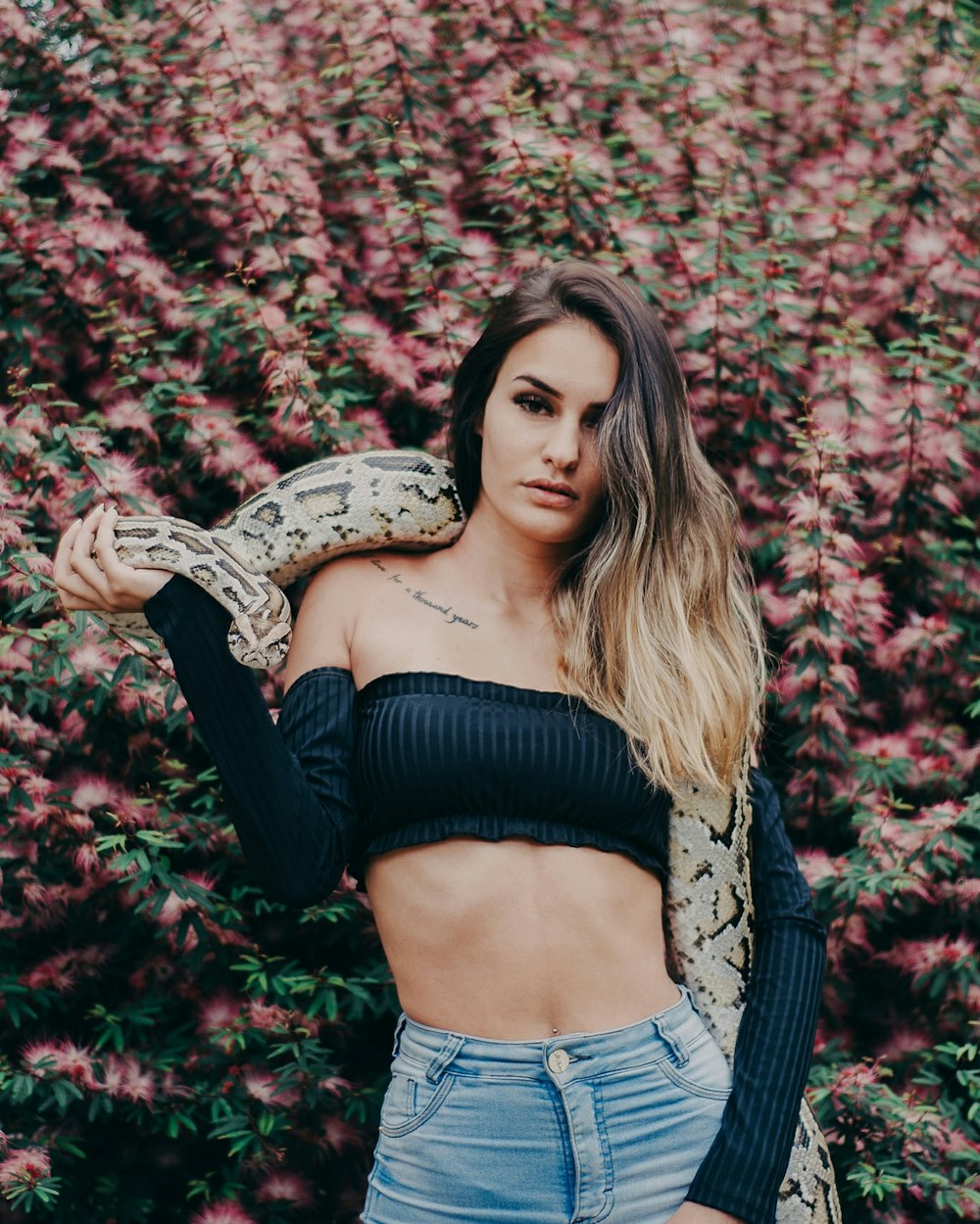 woman holding python snake near pink petaled flowers