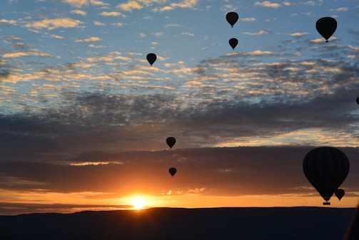 A serene hot air balloon floating over Delhi’s skyline at sunrise.
