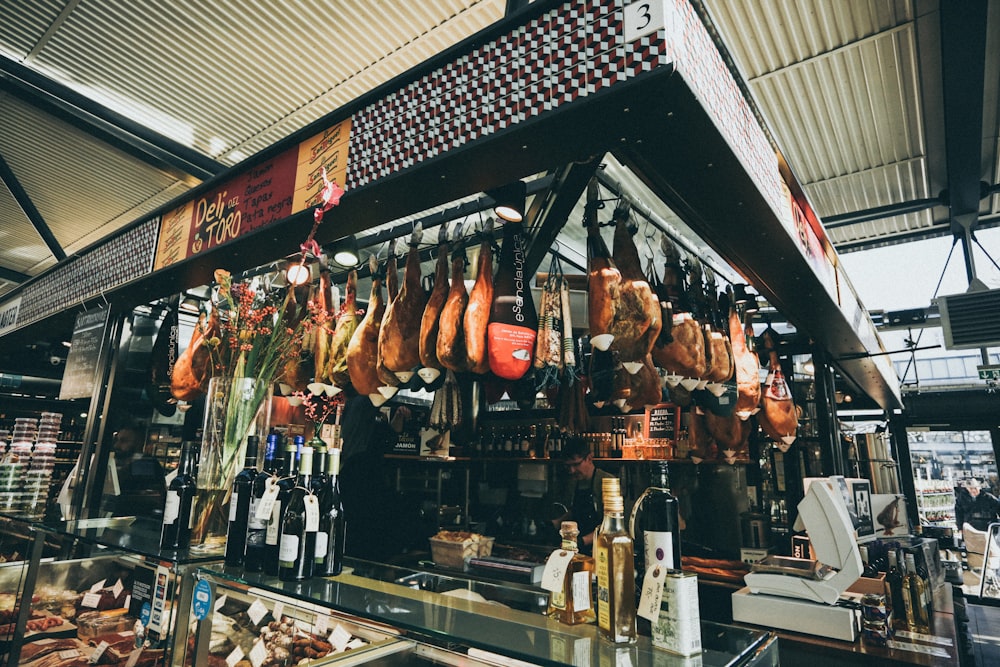 hanging meat near bar counter