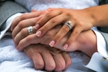 Close-up of intertwined hands with wedding bands, resting on a white lace cloth.