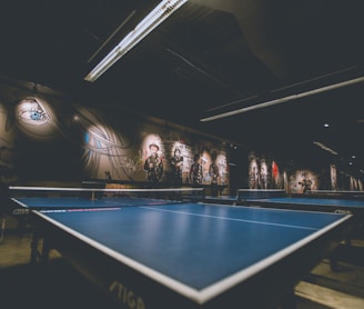 selective focus of blue ping-pong table