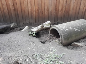 A concrete pipe lies partially submerged in dirt, next to a fallen log. The background features a wooden fence, providing a rustic setting. Small plants are growing amid the soil, indicating some natural life in the area.