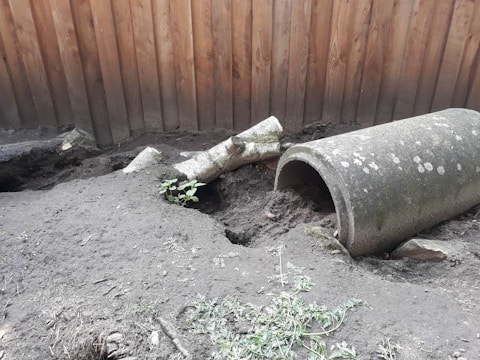 A concrete pipe lies partially submerged in dirt, next to a fallen log. The background features a wooden fence, providing a rustic setting. Small plants are growing amid the soil, indicating some natural life in the area.