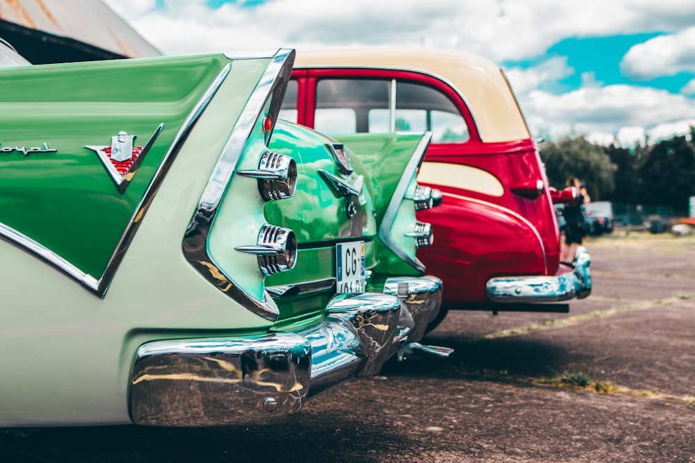 red, green, and beige cars