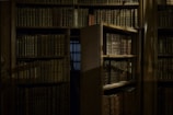 A dimly lit library interior featuring tall wooden bookshelves filled with numerous aged, leather-bound books. One of the shelves appears to be a hidden door, slightly ajar, revealing a shadowy passageway or hidden room. The ambiance is reminiscent of a classic or historical setting, suggesting mystery and intrigue.