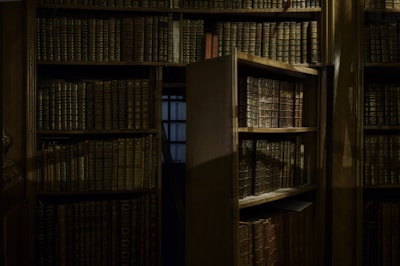 A dimly lit library interior featuring tall wooden bookshelves filled with numerous aged, leather-bound books. One of the shelves appears to be a hidden door, slightly ajar, revealing a shadowy passageway or hidden room. The ambiance is reminiscent of a classic or historical setting, suggesting mystery and intrigue.