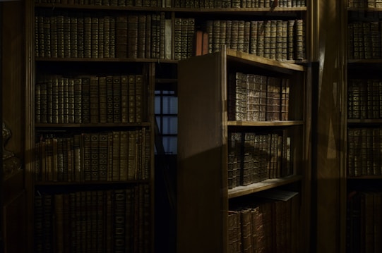 A dimly lit library interior featuring tall wooden bookshelves filled with numerous aged, leather-bound books. One of the shelves appears to be a hidden door, slightly ajar, revealing a shadowy passageway or hidden room. The ambiance is reminiscent of a classic or historical setting, suggesting mystery and intrigue.
