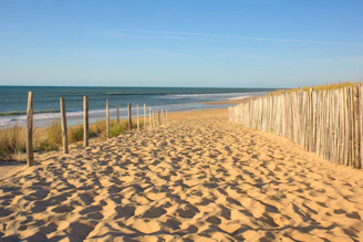 View of a sandy beach path leading from a charming house to the sea under a clear blue sky.