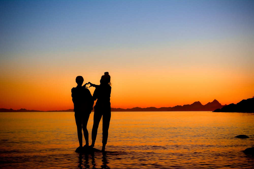 silhouette of two person standing on seashore during golden hour