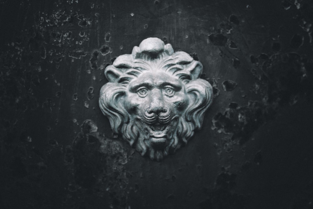 Decorazione testa di leone in cemento grigio