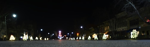 Nighttime shot of a San Diego neighborhood street lined with homes decorated in vibrant holiday lights.
