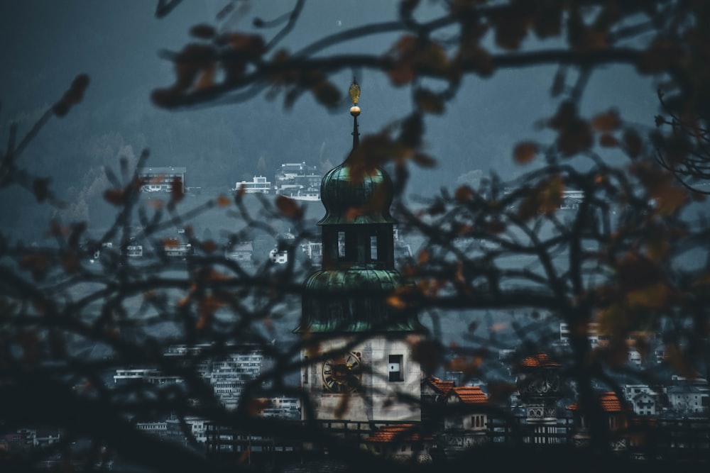 a view of a building through the branches of a tree