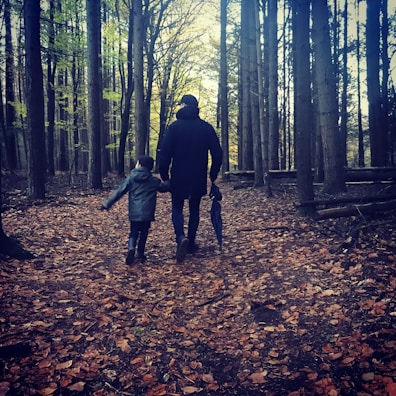 Family hiking through a sun-dappled forest trail holding hands.