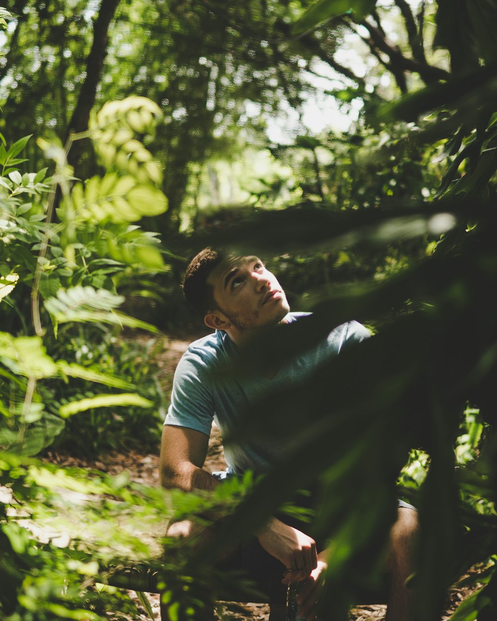 man sitting beside green trees during daytime