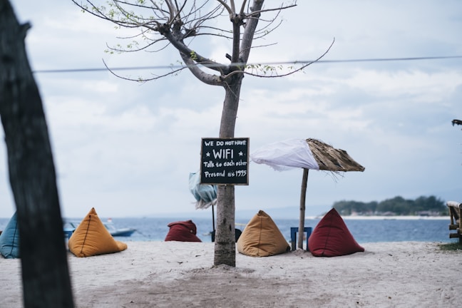A tranquil beach setting with colorful bean bag chairs arranged on the sand near the water. A small sign attached to a tree humorously states there is no WiFi, encouraging people to talk to each other. A simple canopy made of fabric and straw rests on another pole by the tree, providing some shade. The background features a calm sea and distant land across the water.