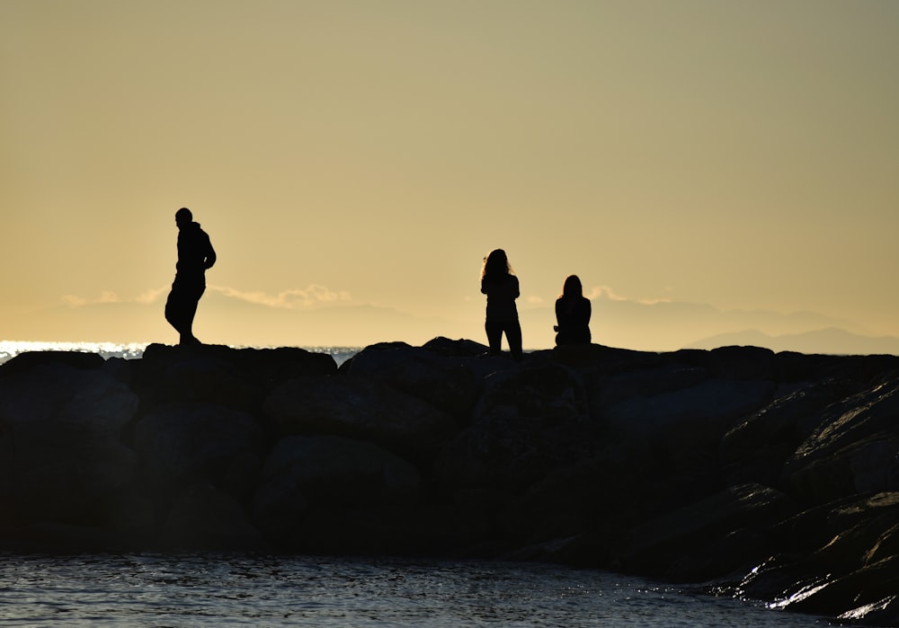 silhouette people near sea during sunset