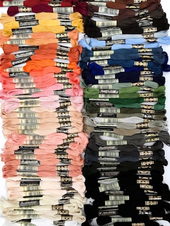 Close-up of vibrant threads neatly arranged in a rainbow of colors.