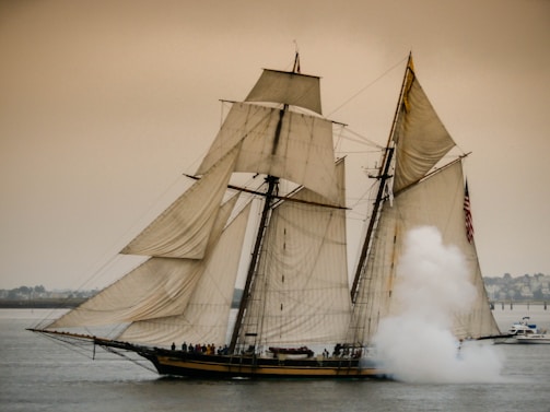 brown and black galleon ship on ocean water under gray sky