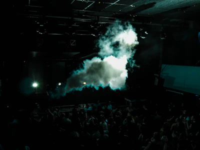 Ambient smoke curling through soft lights during an intense, rhythmic peak of the show.