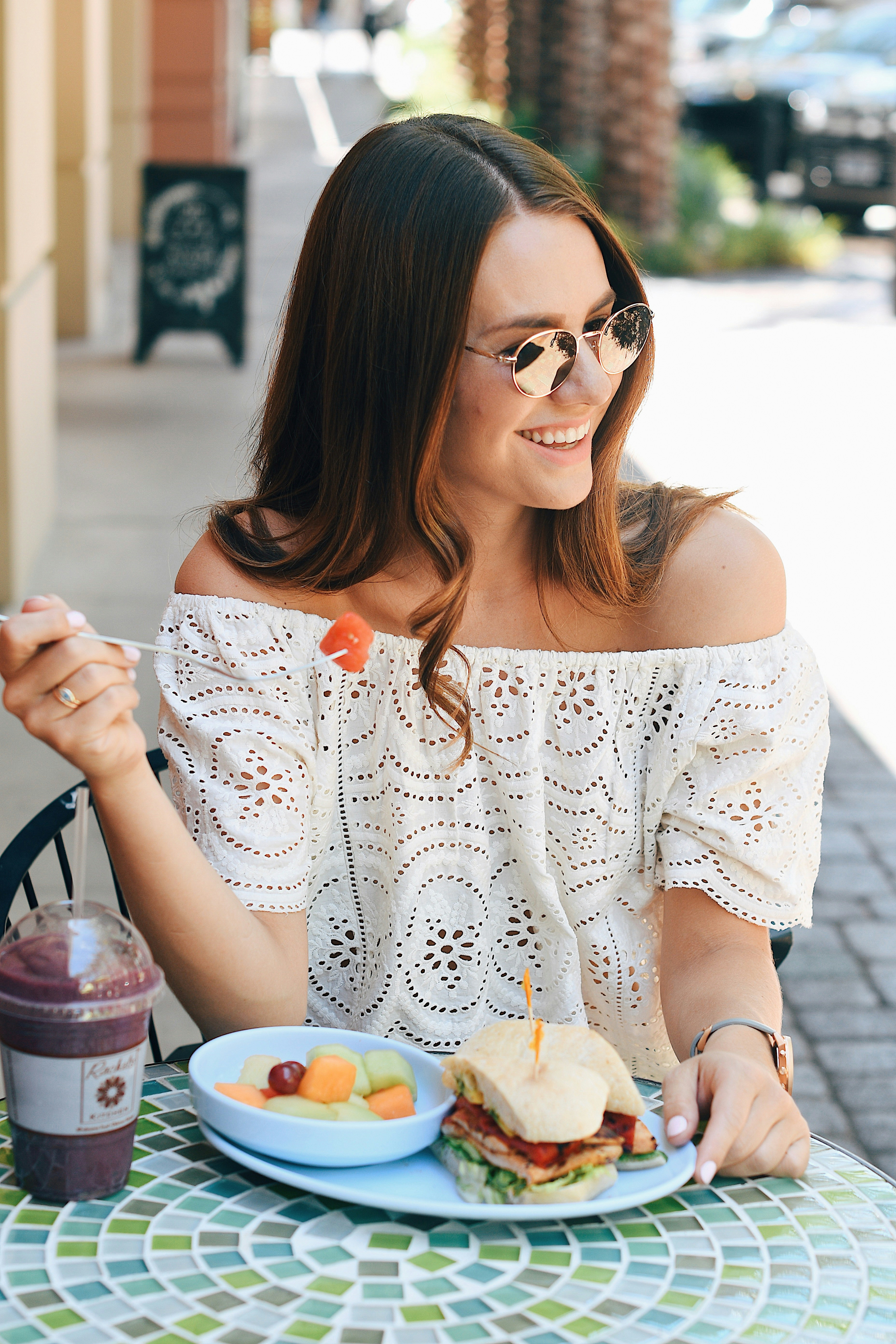 great photo recipe,how to photograph girl smiles and watermelon; woman eating fruits and sandwich