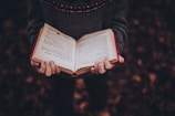 person reads book while standing on leaves