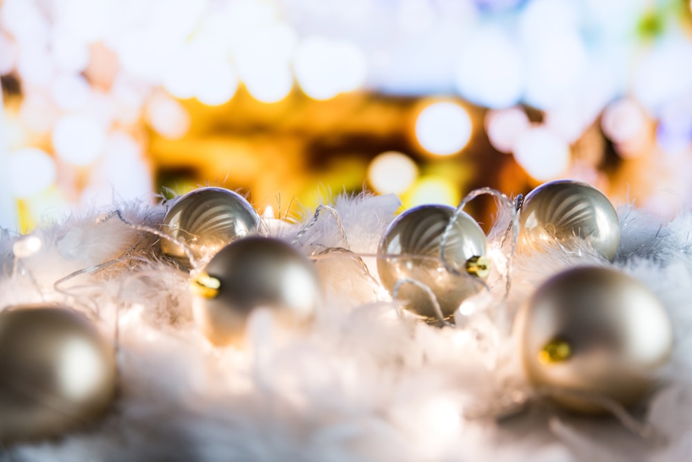 tilt shift lens photography of gray baubles