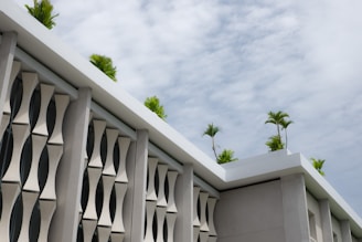 A modern building facade featuring stylized, geometric concrete panels. The roof is adorned with several small palm trees that add a touch of greenery against a backdrop of partially cloudy skies.