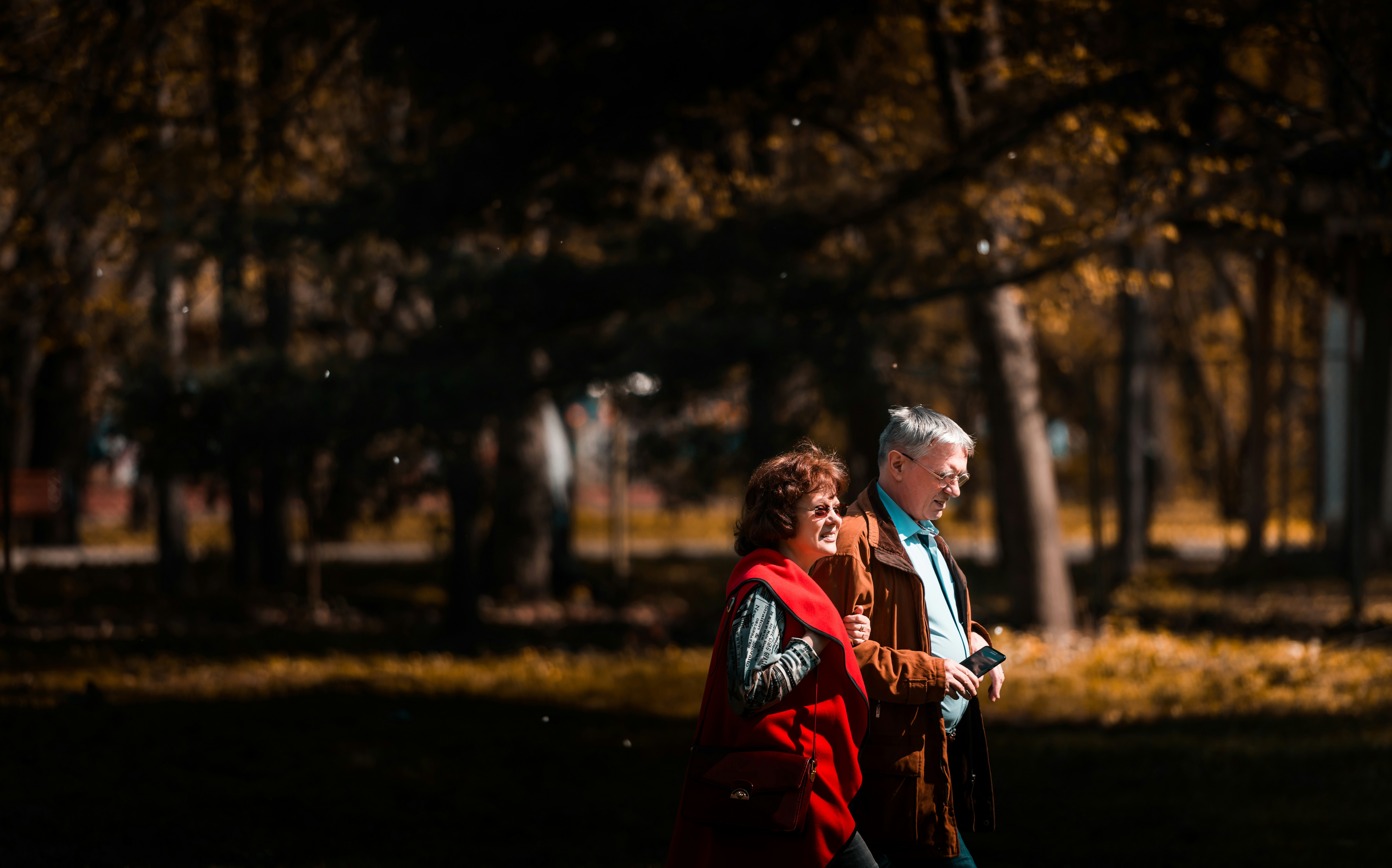 man and woman walking beside trees